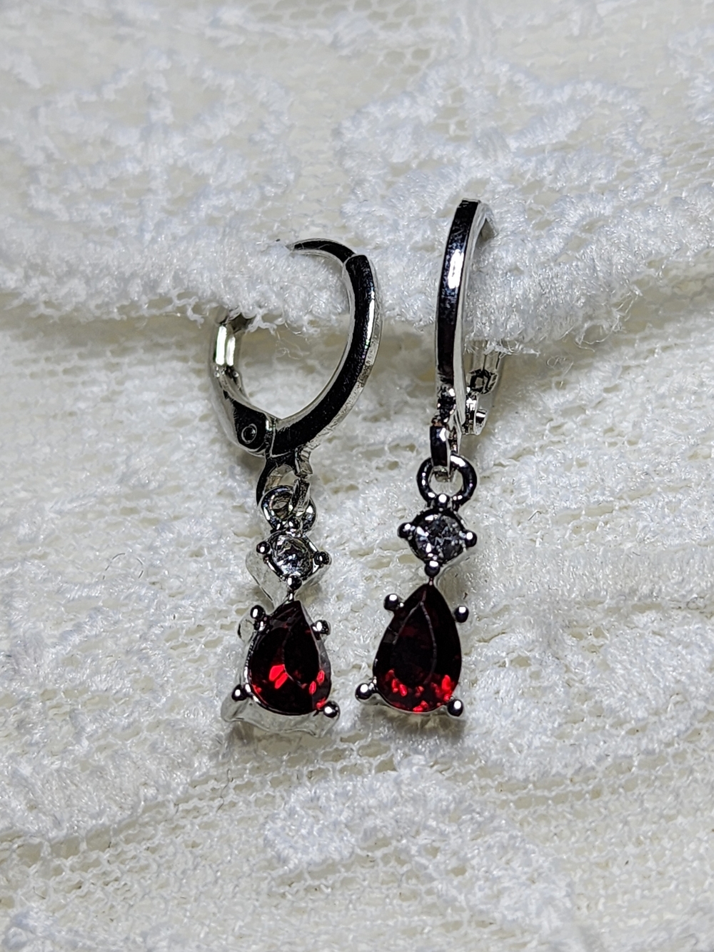 Silver Toned Faux Garnet Red Teardrop Dangle Earrings
